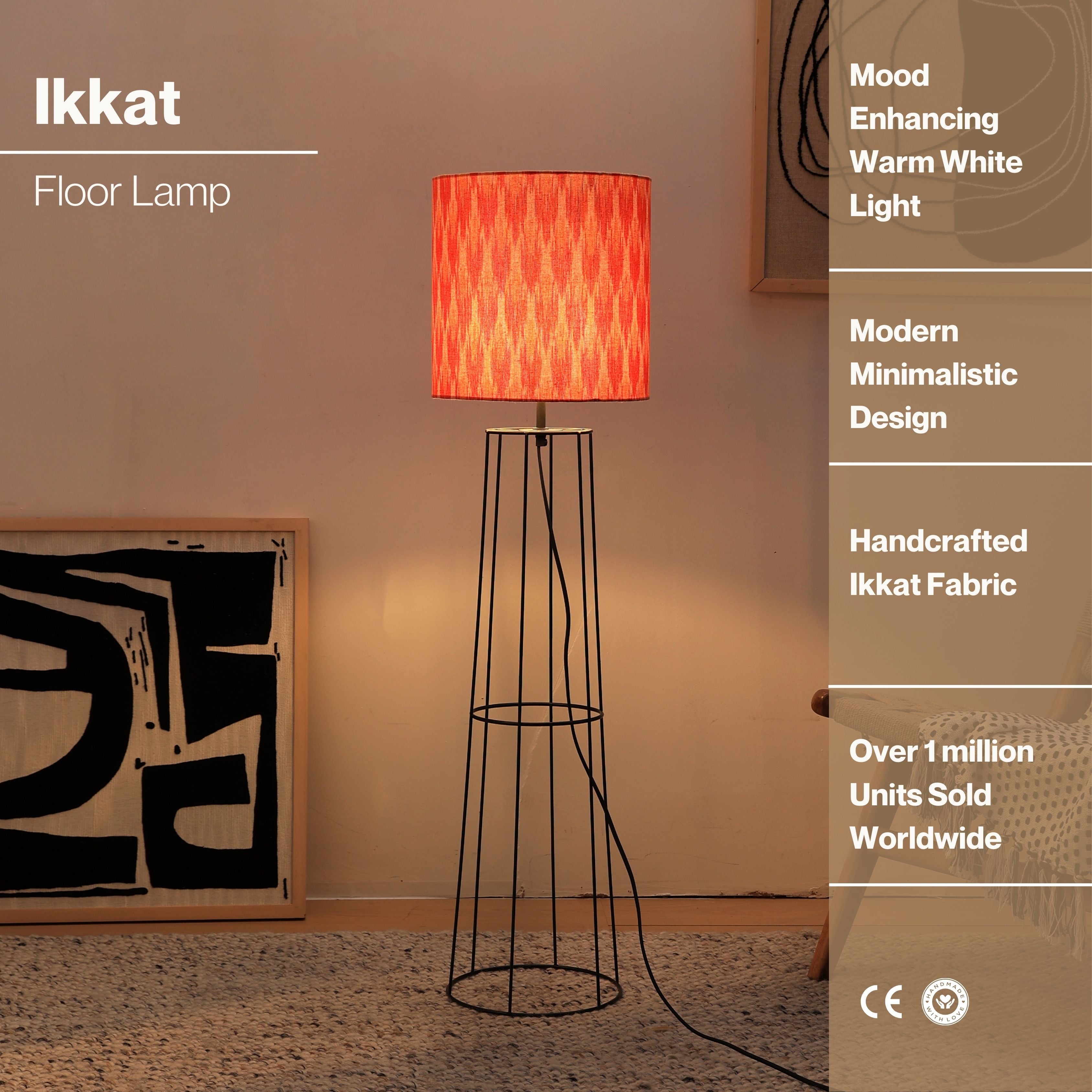 IKKAT Floor Lamp - Ikkat Fabric Floor Light, Indian and Scandinavia fusion, modern Tripod lighting, trending Standing Lamp