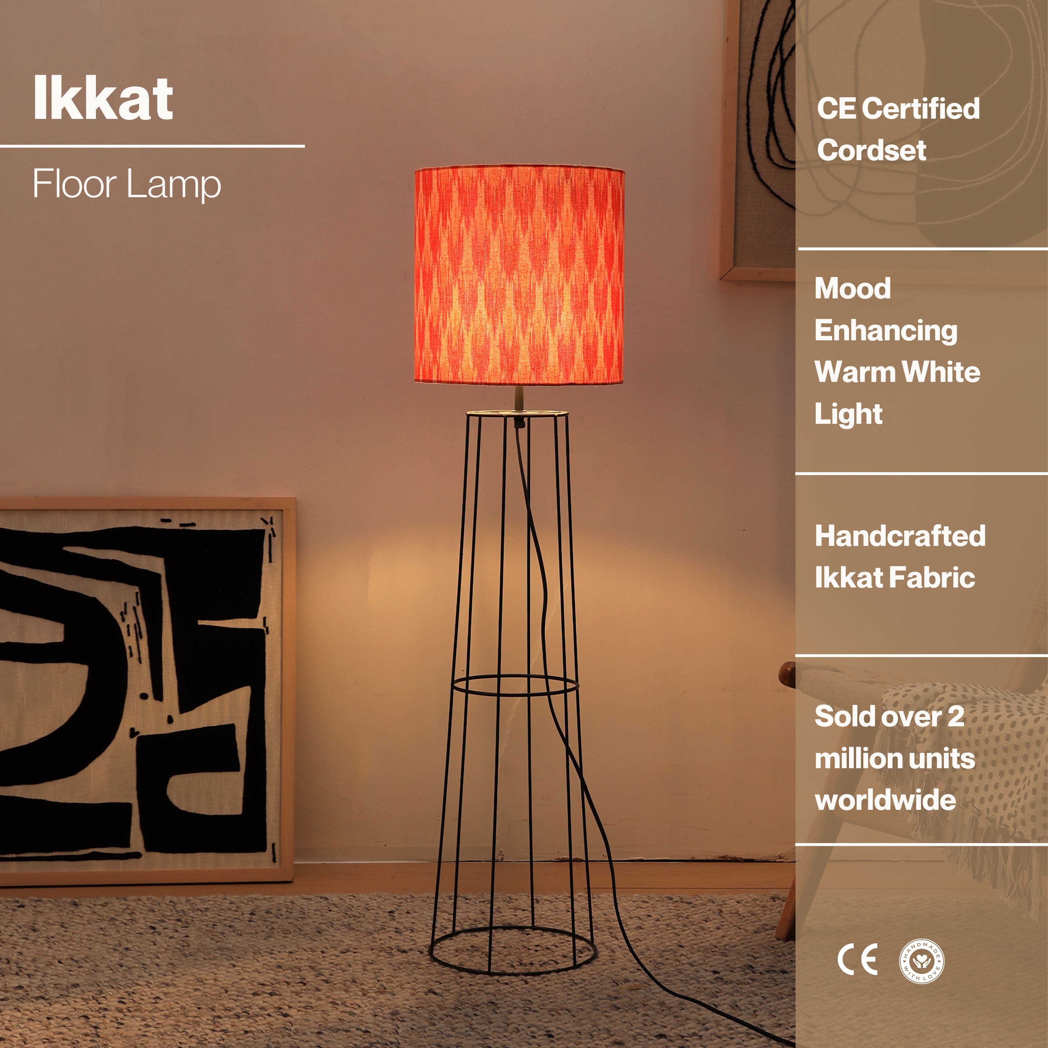 IKKAT Floor Lamp - Ikkat Fabric Floor Light, Indian and Scandinavia fusion, modern Tripod lighting, trending Standing Lamp