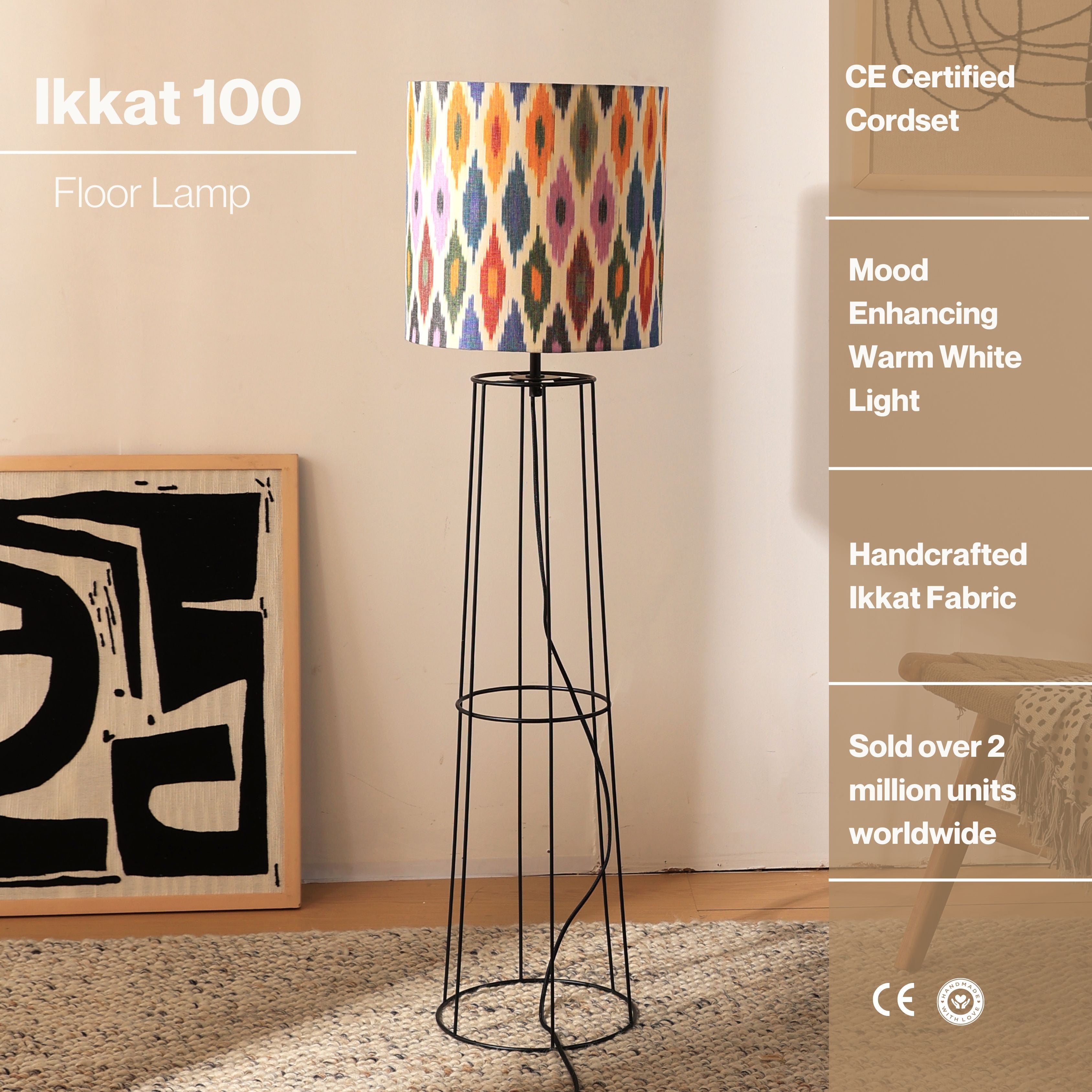 IKKAT 100 Floor Lamp - Ikkat Fabric, Floor Light, Indian Tripod Lamp and Scandinavia fusion, modern lighting, trending Standing Lamp