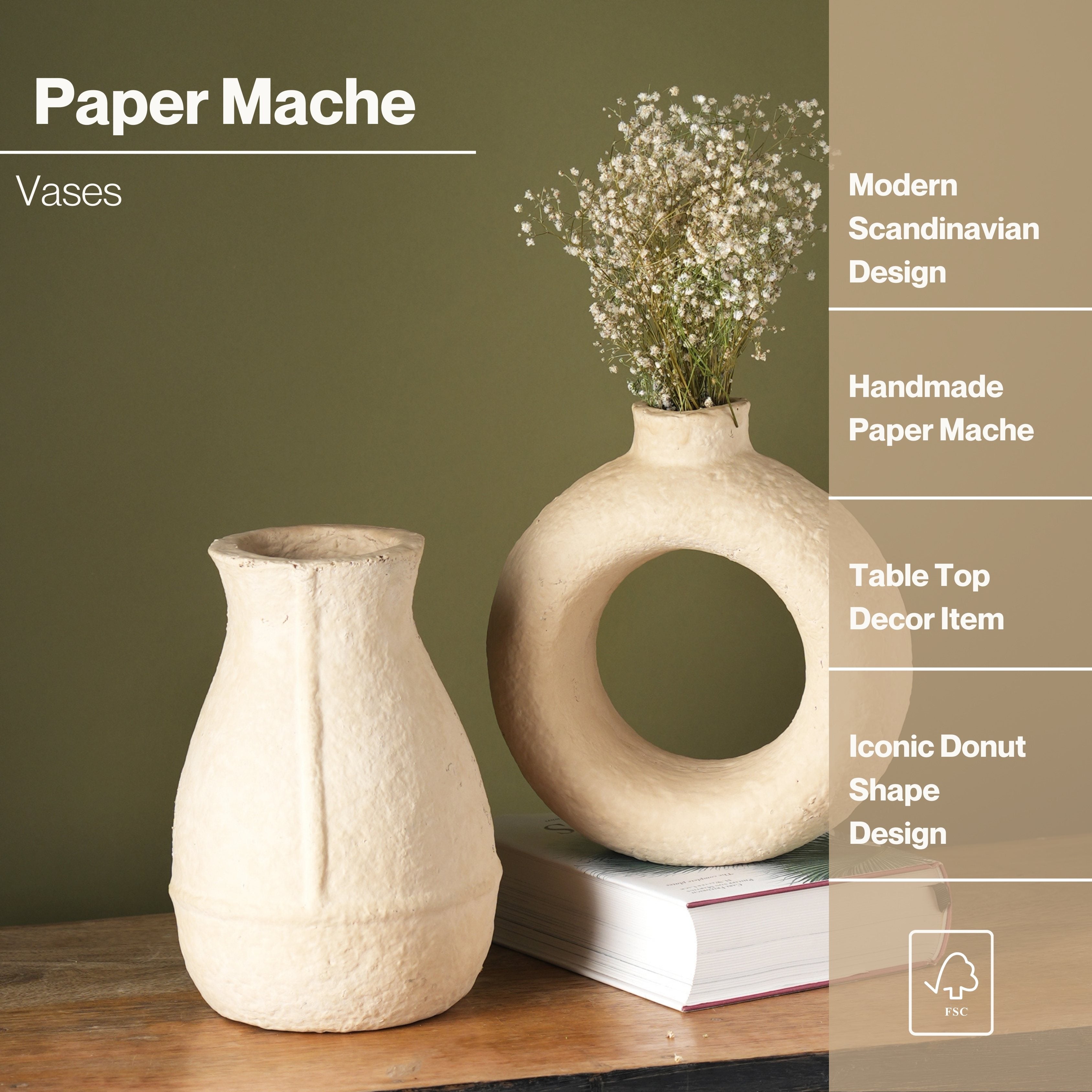 Paper Mache Vase, White Minimal Shape, flower vases