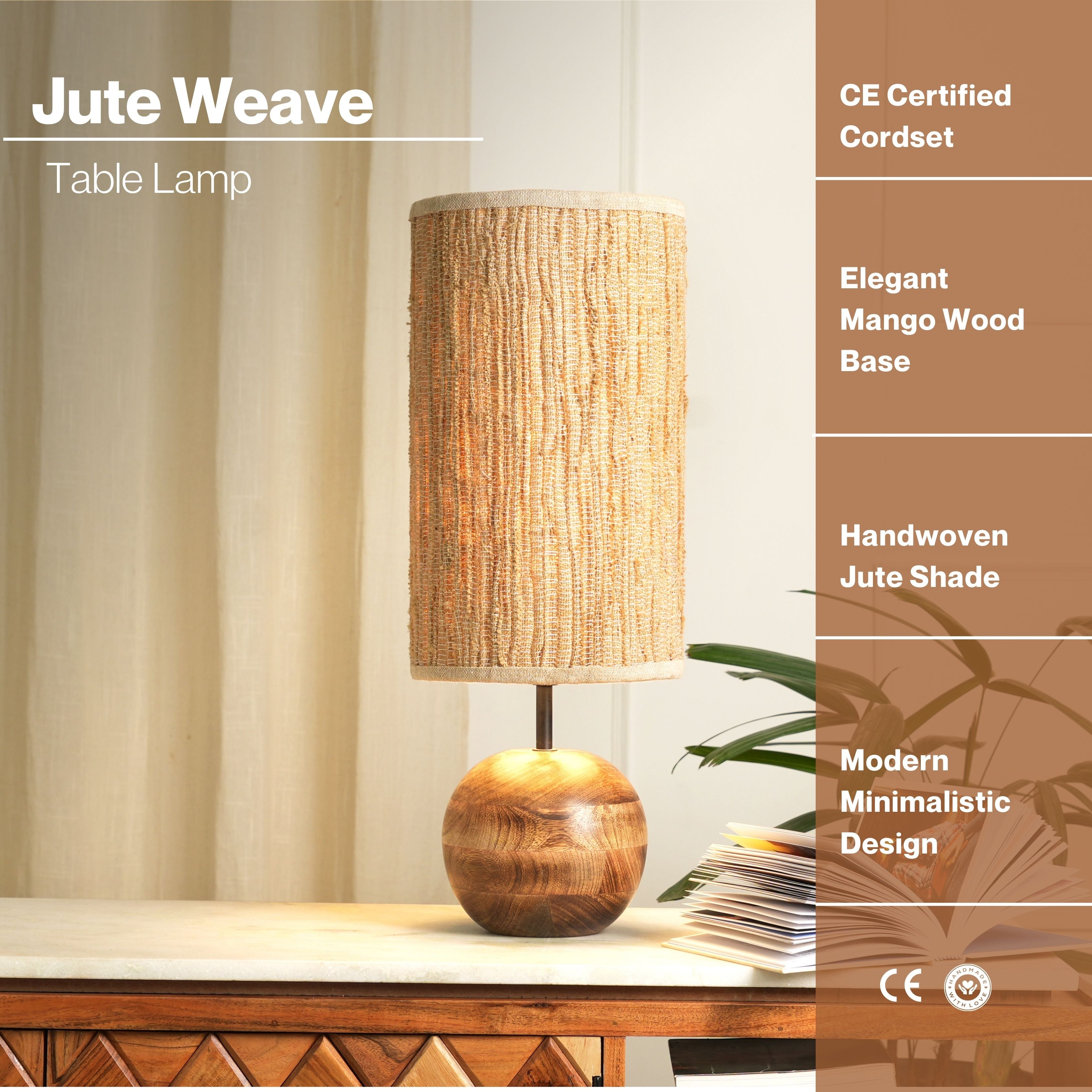 JUTE WEAVE TABLE LAMP - JUTE WEAVE NATURAL DESK LAMP, MANGO WOOD BASE, HANDCRAFTED BEDSIDE LAMPSHADE