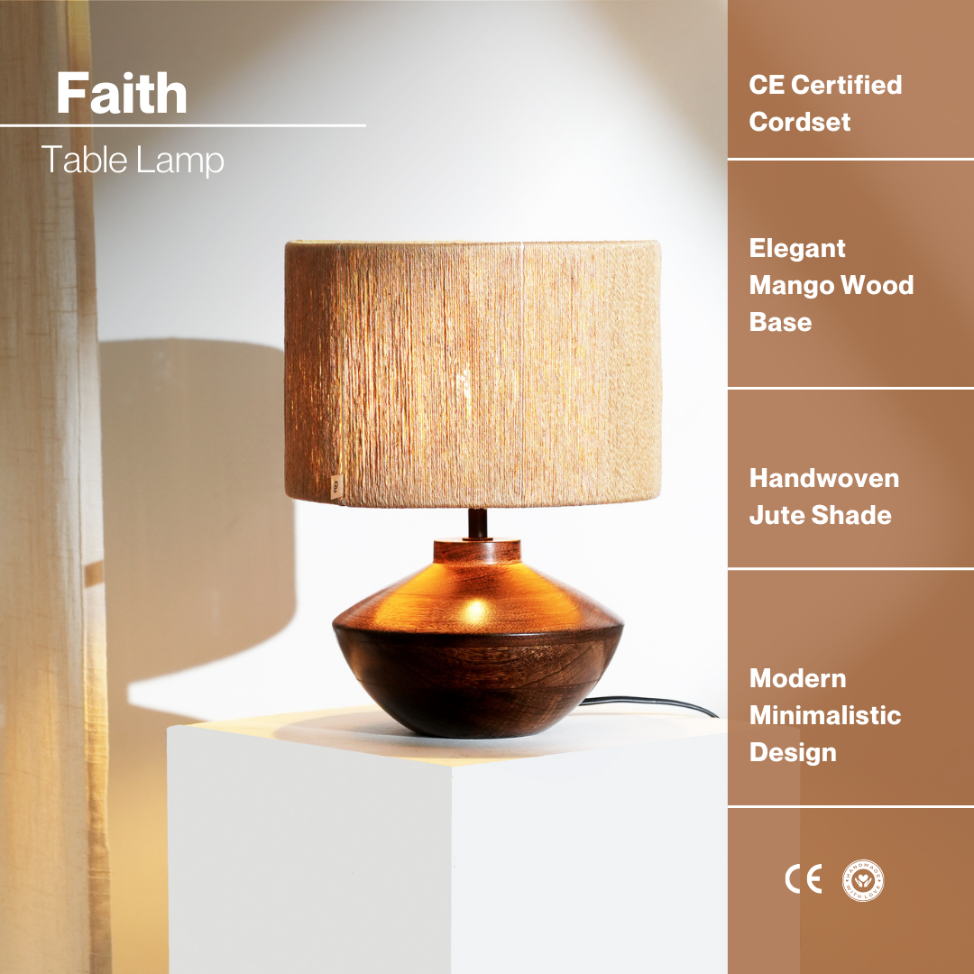 Faith Jute Lamp - Bohemian Design, Jute Lampshade, Mango Wood Base