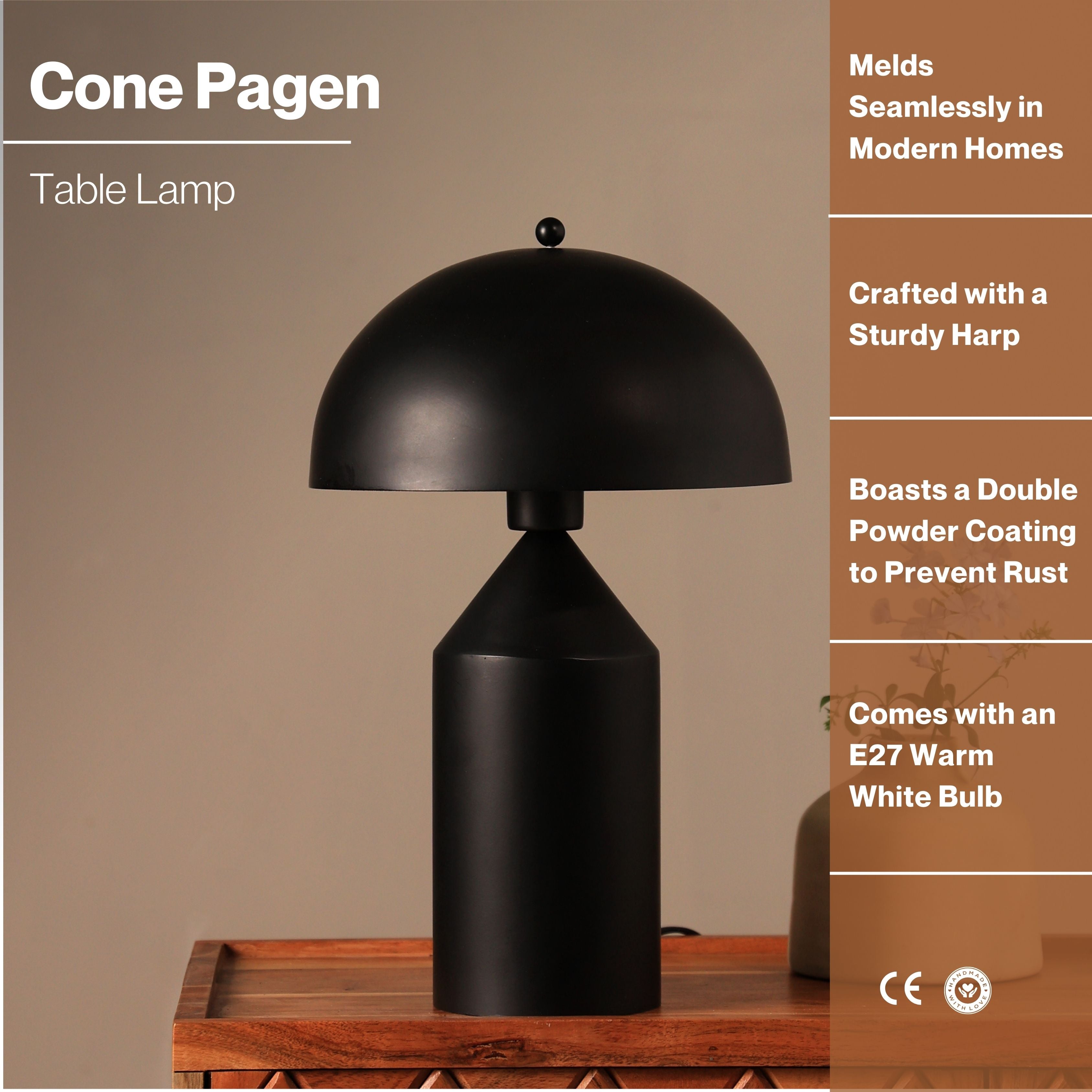 CONE PAGEN - TABLE LAMP - MODERN SCANDINAVIAN DESIGN DESK LAMP, PREMIUM METALLIC FINISH, EASY INSTALLATION