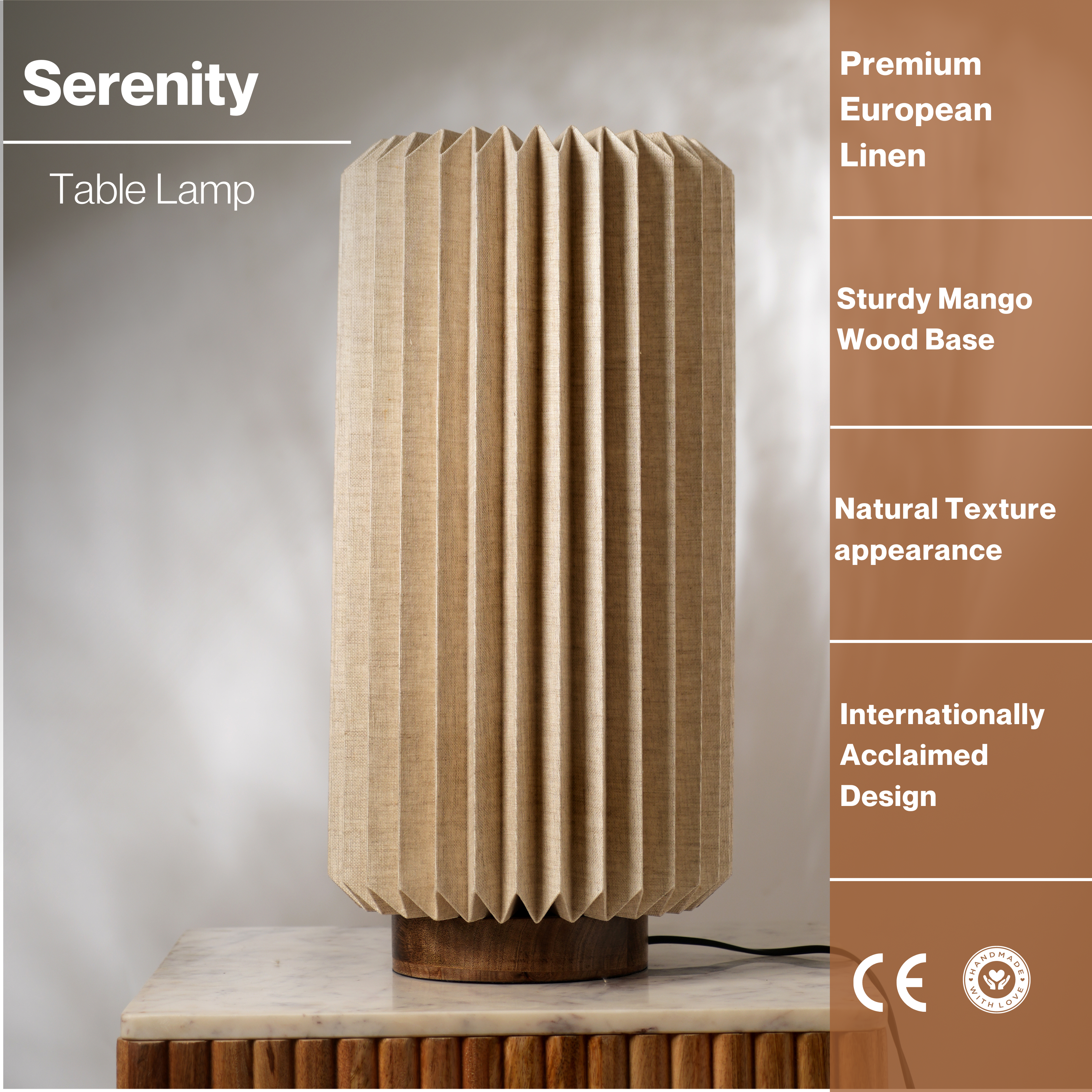 Serenity Table Lamp - Linen Bedside Lamp - Mango Wood Base Desk Lamp