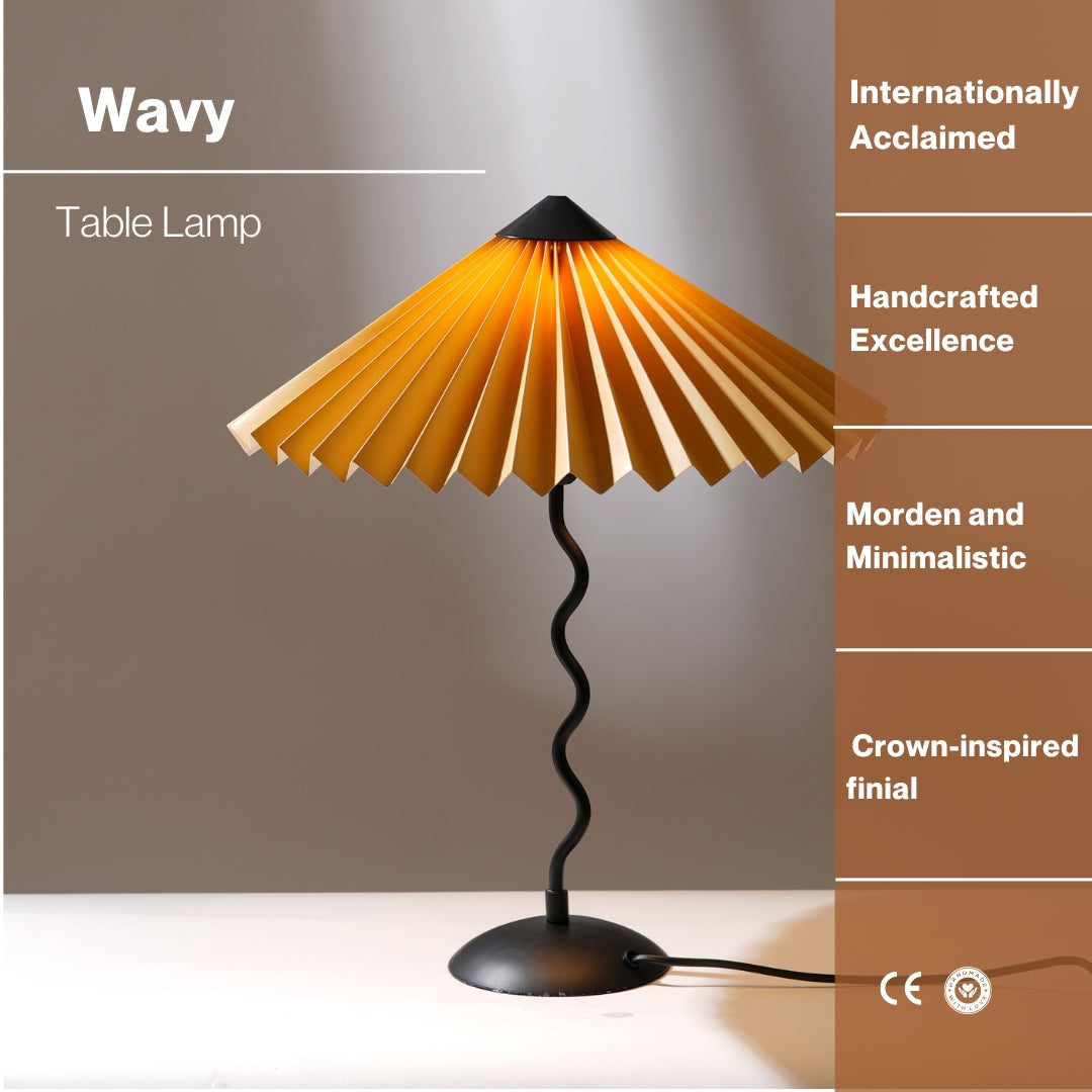 Wavy Table Lamp - Contemporary Metal Base Desk Lamp Lighting And Handpleated Shade Bedside Lamp