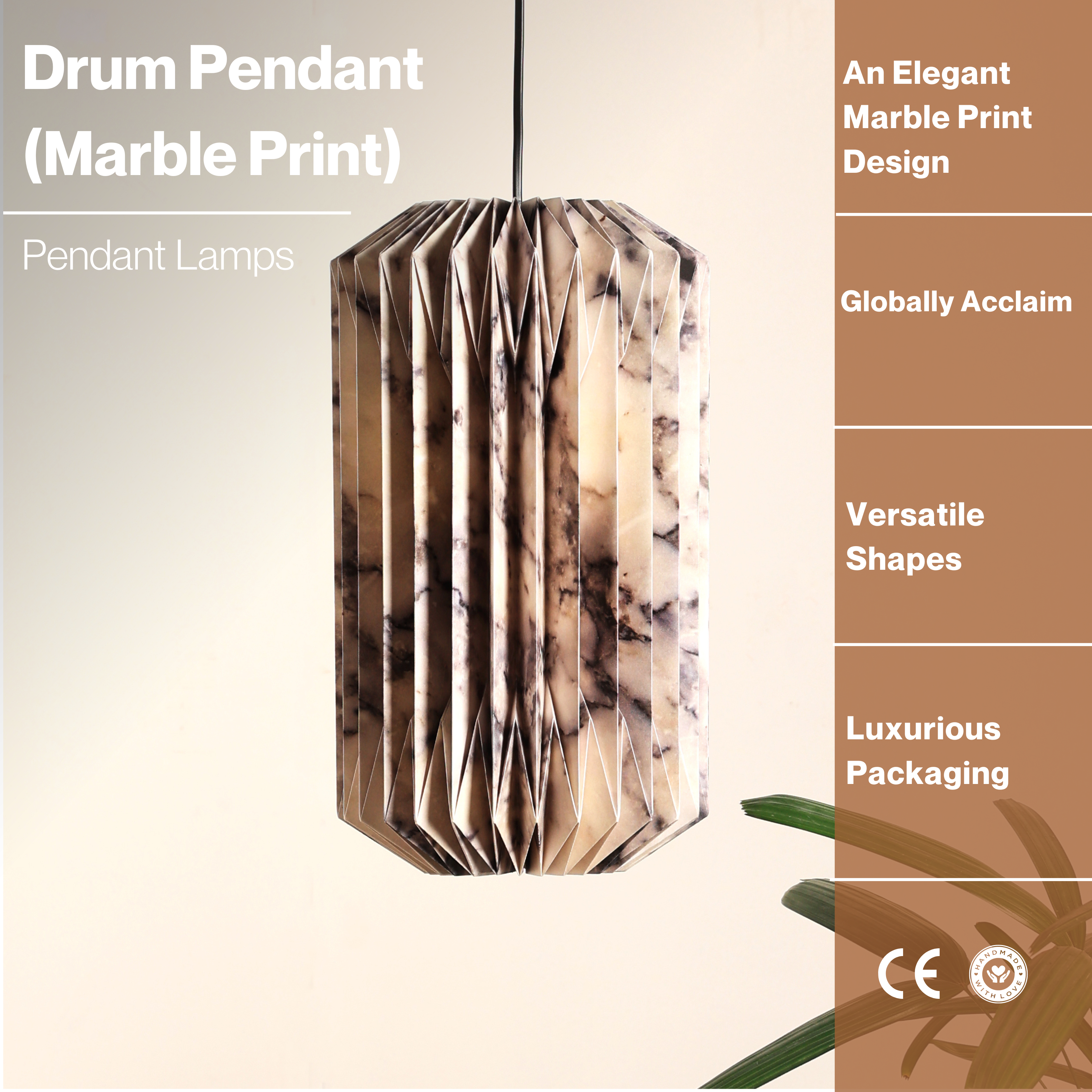 Drum Pendant Lamp (Marble Print) - Marble Printed Origami Pendant Light, Origami Hanging Light