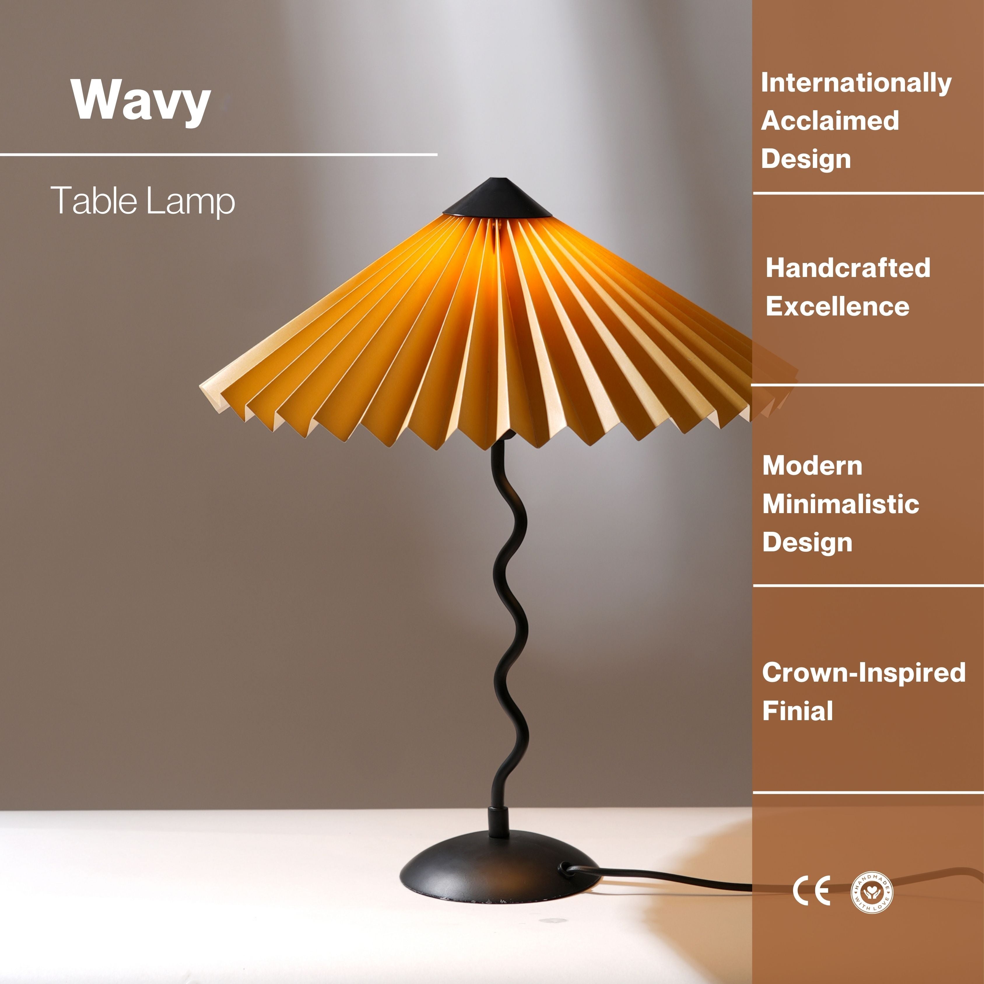 Wavy Table Lamp - Contemporary Metal Base Desk Lamp Lighting And Handpleated Shade Bedside Lamp