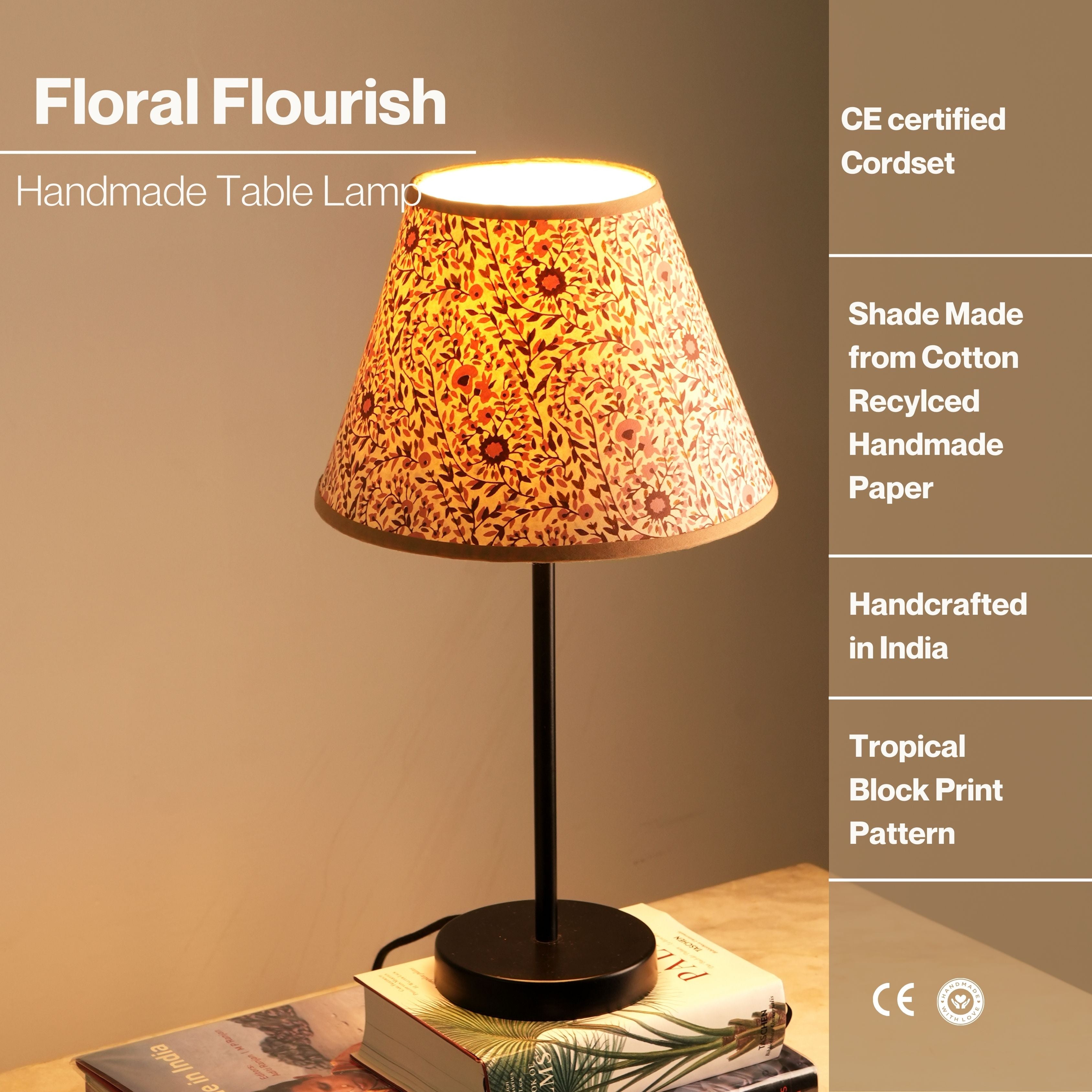 Nordic Night Table Lamp - Floral Flourish Print Desk Lamp - Bedside Lamp Made from Cotton Recycled Paper, Indian Block Printing Technique