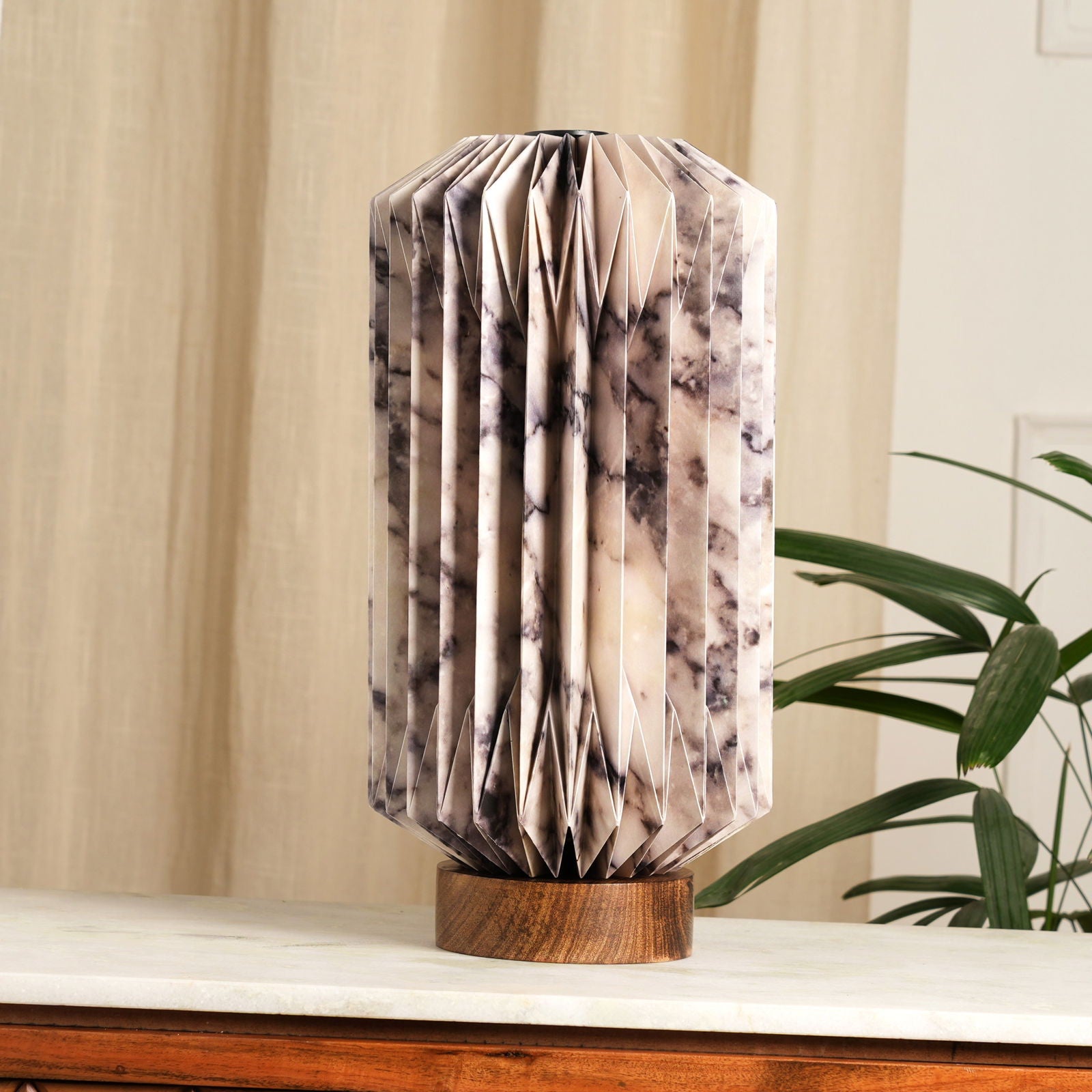 Drum Marble Print Table Lamp - Marble Print Desk Lamp, Origami Bedside Lamp with Mango Wood Base - FIG Living - Drum Marble Print Table Lamp - Marble Print Desk Lamp, Origami Bedside Lamp with Mango Wood Base - FIG Living