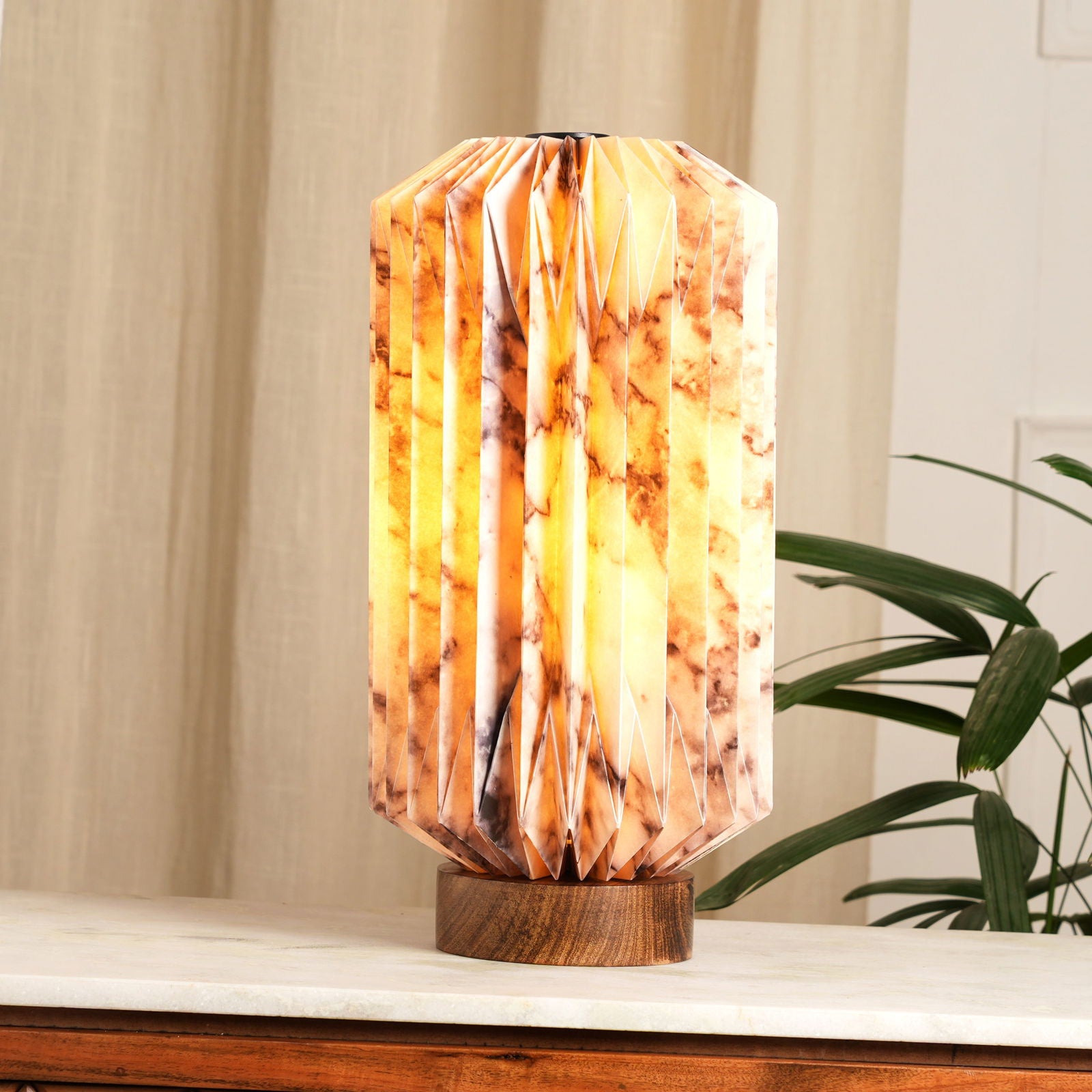 Drum Marble Print Table Lamp - Marble Print Desk Lamp, Origami Bedside Lamp with Mango Wood Base - FIG Living - Drum Marble Print Table Lamp - Marble Print Desk Lamp, Origami Bedside Lamp with Mango Wood Base - FIG Living