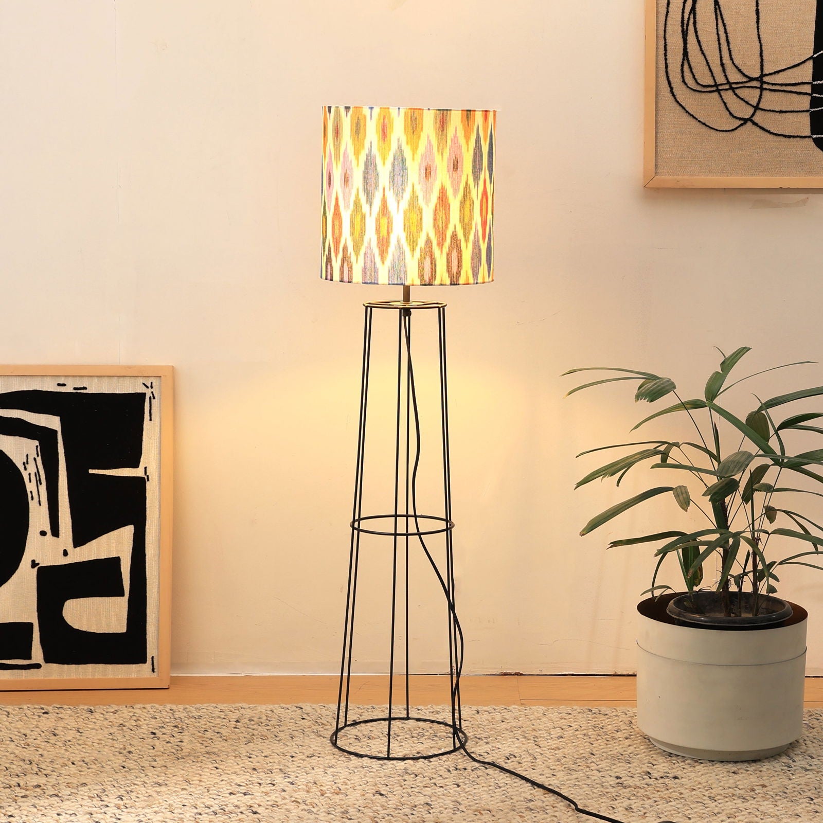 IKKAT 100 Floor Lamp - Ikkat Fabric, Floor Light, Indian Tripod Lamp and Scandinavia fusion, modern lighting, trending Standing Lamp - FIG Living - IKKAT 100 Floor Lamp - Ikkat Fabric, Floor Light, Indian Tripod Lamp and Scandinavia fusion, modern lighting, trending Standing Lamp Image