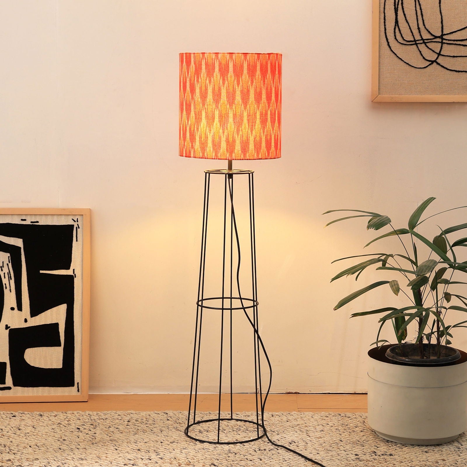 IKKAT Floor Lamp - Ikkat Fabric Floor Light, Indian and Scandinavia fusion, modern Tripod lighting, trending Standing Lamp - FIG Living - IKKAT Floor Lamp - Ikkat Fabric Floor Light, Indian and Scandinavia fusion, modern Tripod lighting, trending Standing Lamp Image