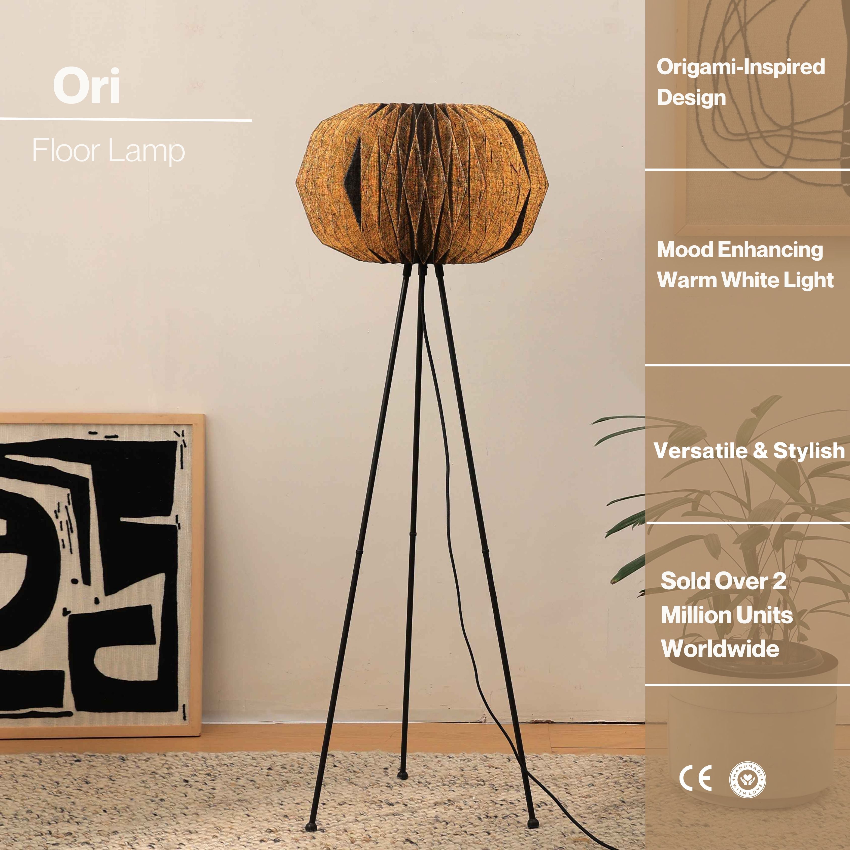 Ori Floor Lamp - Origami, Linen Floor Light, Knock Down Tripod Standing Lamp