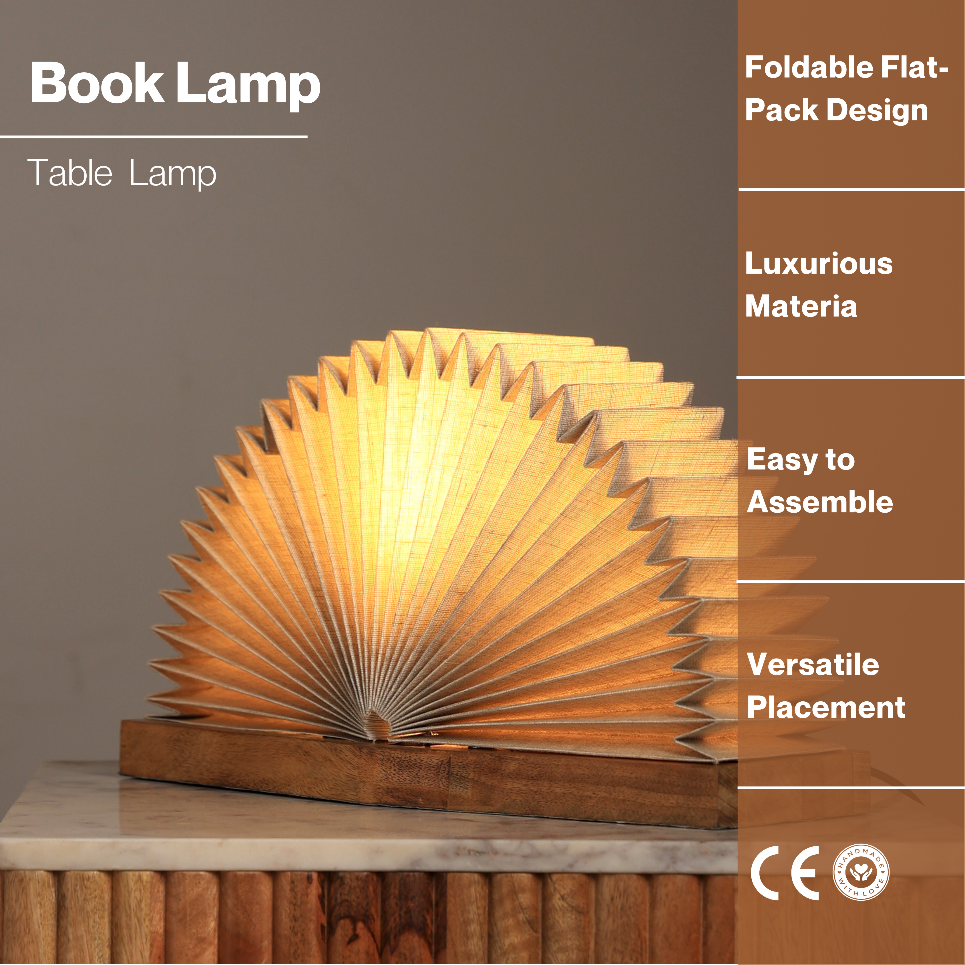 LINEN BOOK TABLE LAMP - FOLDABLE LINEN DESK LAMP, MANGO WOOD BASE BEDSIDE, DESIGNED FOR MODERN SPACES