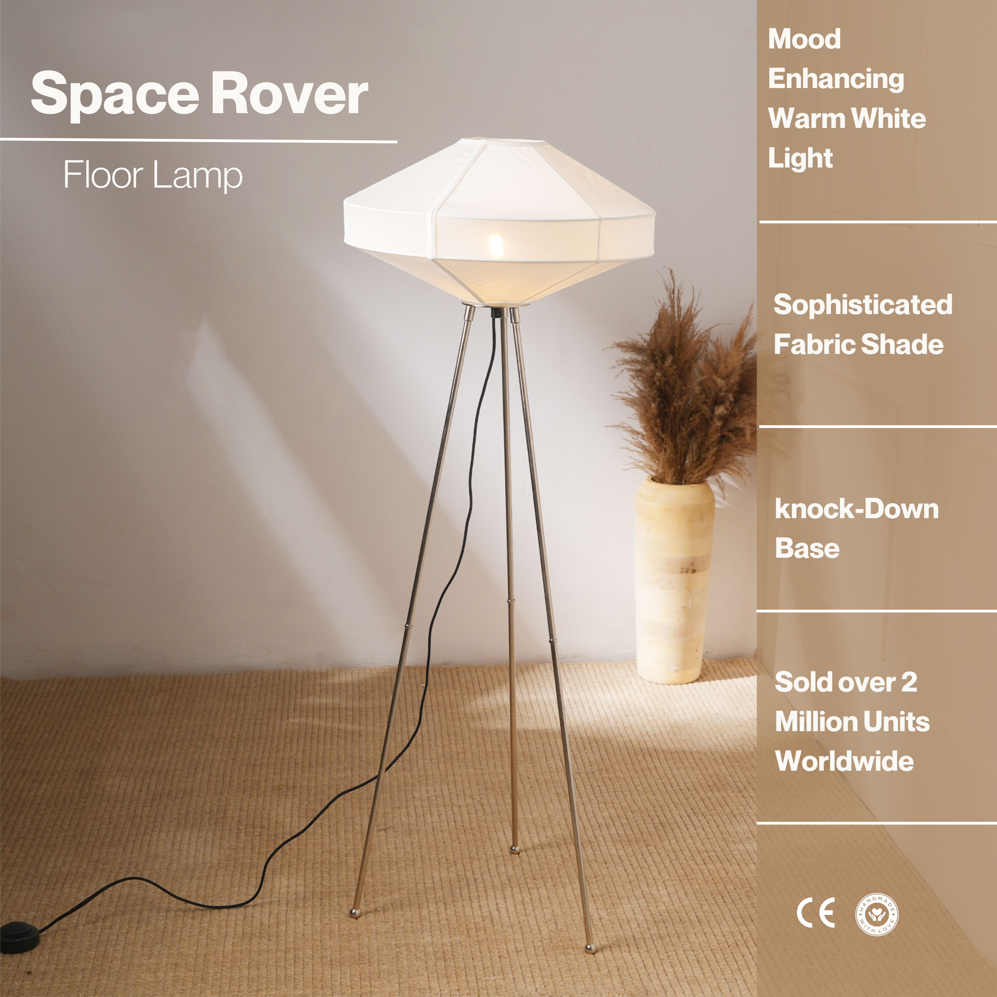 Space Rover Floor Lamp - Tripod Floor Light, Nickle Base and Elegant Fabric Shade Tripod Standing Lamp
