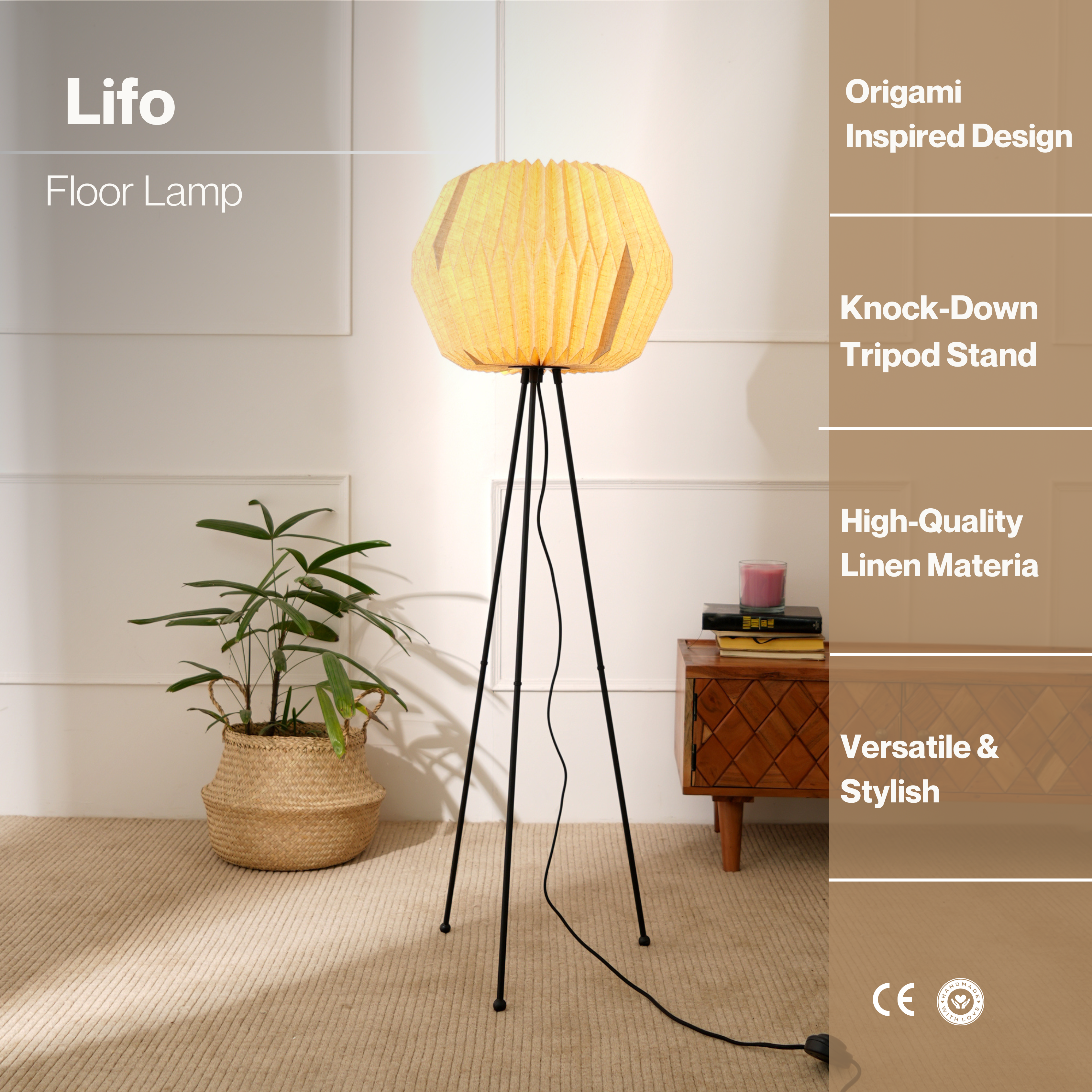 Lifo Floor Lamp - Origami, Linen Floor Light, Knock Down Tripod standing Lamp