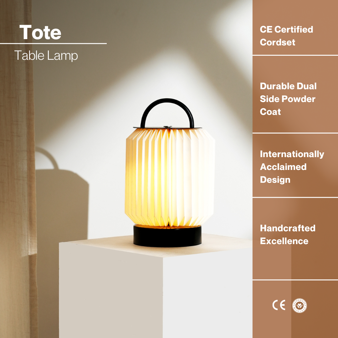 Tote Table Lamp - Modern Scandinavian Design, Origami Lampshade, Metal Base