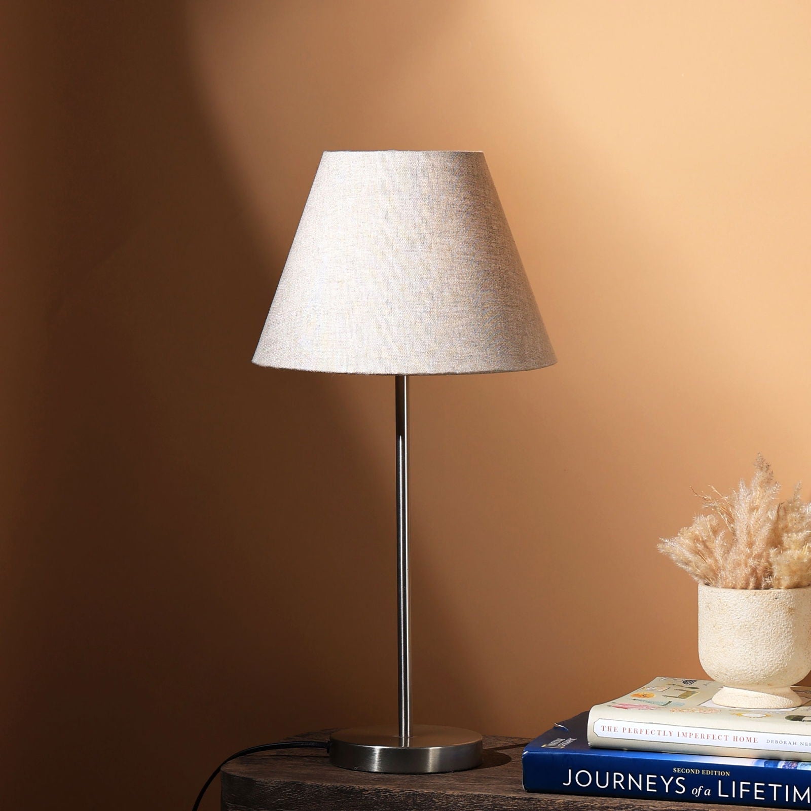 Linen Stick Table Lamp - Nickle Base, Minimalistic Desk Lamp, Premium Linen Bedside Lamp - FIG Living - Linen Stick Table Lamp - Nickle Base, Minimalistic Desk Lamp, Premium Linen Bedside Lamp - FIG Living