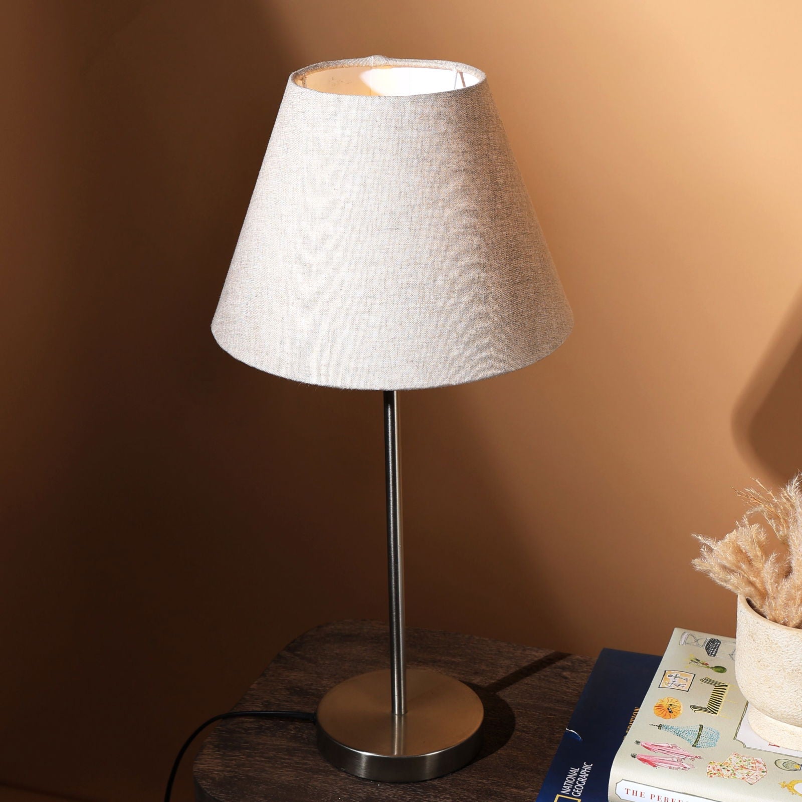 Linen Stick Table Lamp - Nickle Base, Minimalistic Desk Lamp, Premium Linen Bedside Lamp - FIG Living - Linen Stick Table Lamp - Nickle Base, Minimalistic Desk Lamp, Premium Linen Bedside Lamp - FIG Living