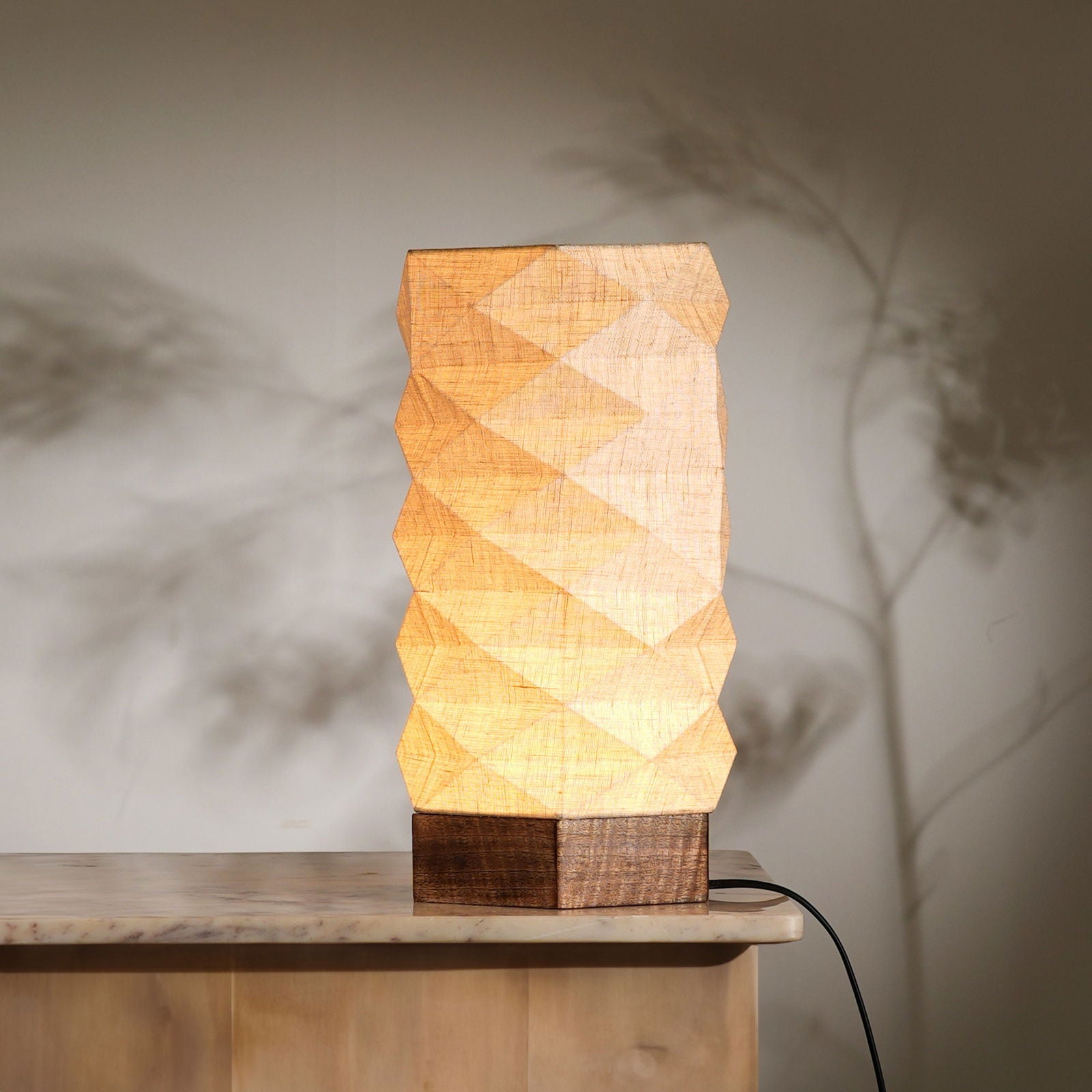 Lumi Hexa Table Lamp - 100% European Linen with Mango Wood - FIG Living - 