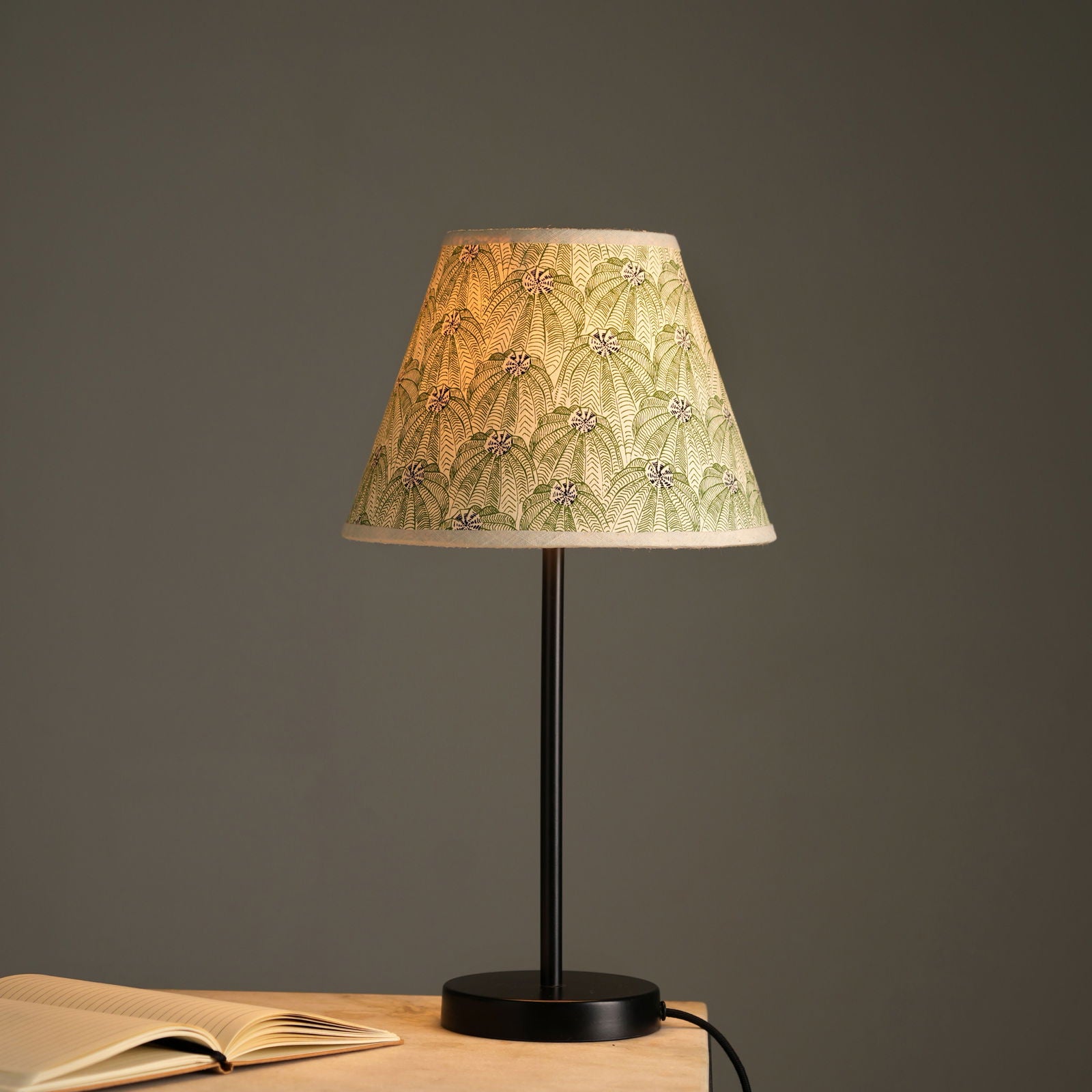 Nordic Night Table Lamp - Tropical Floral Print Desk Lamp - Made from Cotton Recycled Paper, Bedside Lamp With Indian Block Printing Technique, Premium Matte Finish for Base - FIG Living - Nordic Night Table Lamp - Tropical Floral Print Desk Lamp - Made from Cotton Recycled Paper, Bedside Lamp With Indian Block Printing Technique, Premium Matte Finish for Base - FIG Living