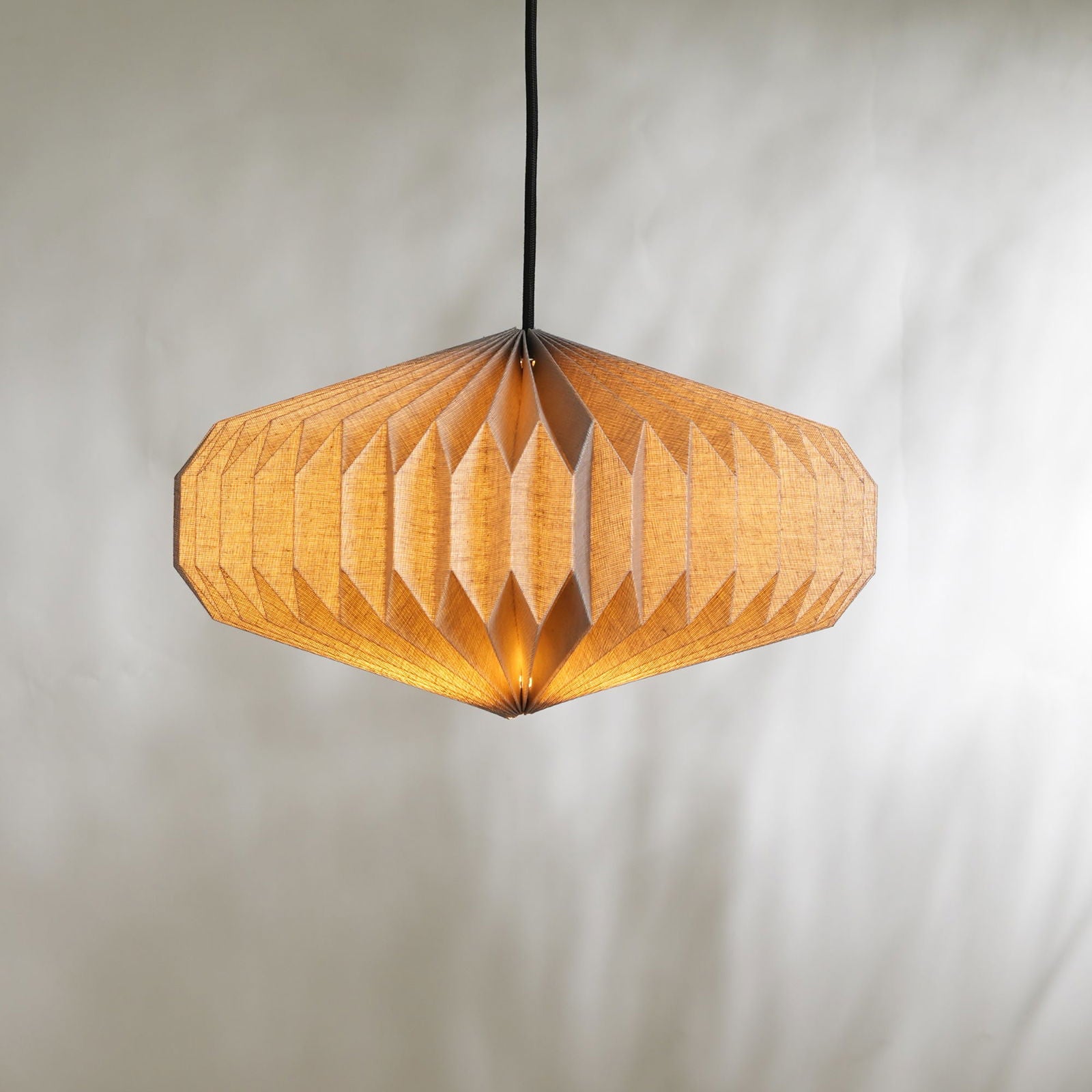 Oblong 2 (Linen) - European Linen, Disc Shaped Pendant, Handpleated Origami - FIG Living - Oblong 2 (Linen) Pendant Lamp - European Linen, Disc Shaped Pendant Light, Handpleated Origami Hanging Light Image