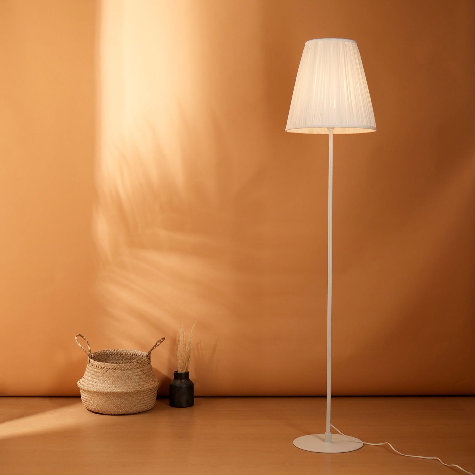 Polester Floor Lamp - White Pleated Shade Floor Light, White Stick Tripod Standing Lamp, Easy to Assemble - FIG Living - Polester Floor Lamp - White Pleated Shade Floor Light, White Stick Tripod Standing Lamp, Easy to Assemble Image