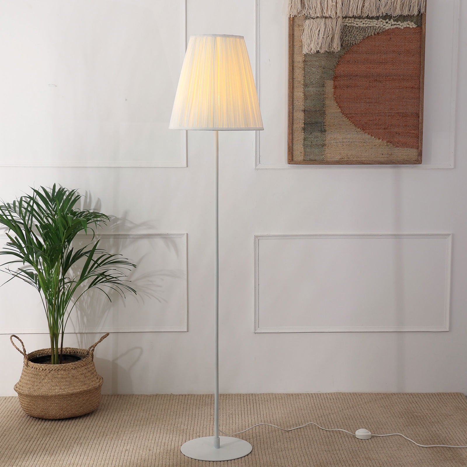 Polester Floor Lamp - White Pleated Shade Floor Light, White Stick Tripod Standing Lamp, Easy to Assemble - FIG Living - Polester Floor Lamp - White Pleated Shade Floor Light, White Stick Tripod Standing Lamp, Easy to Assemble Image