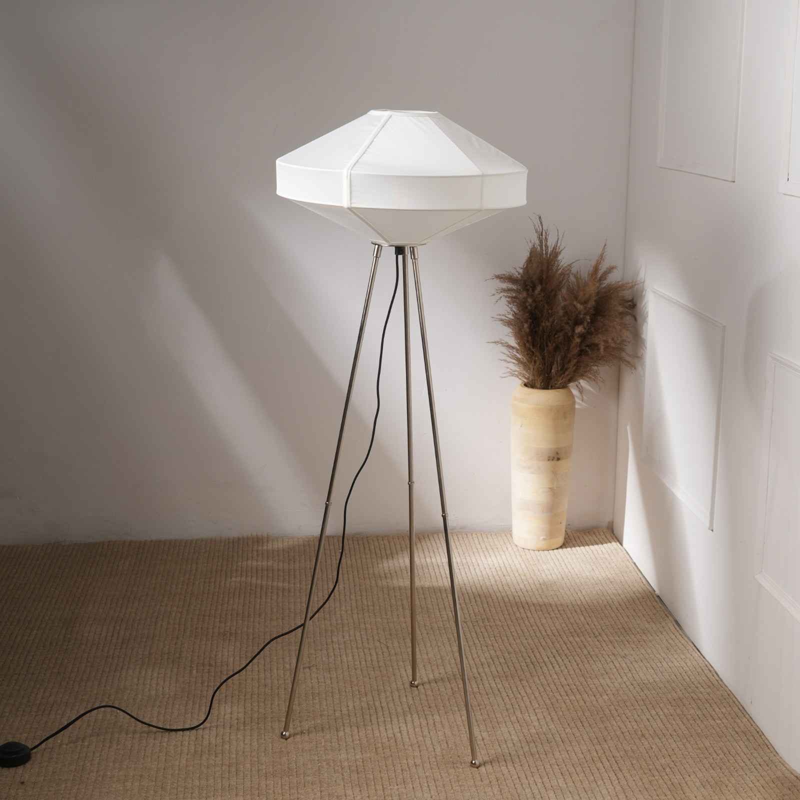 Space Rover Floor Lamp - Tripod Floor Light, Nickle Base and Elegant Fabric Shade Tripod Standing Lamp - FIG Living - Space Rover Floor Lamp - Tripod Floor Light, Nickle Base and Elegant Fabric Shade Tripod Standing Lamp Image