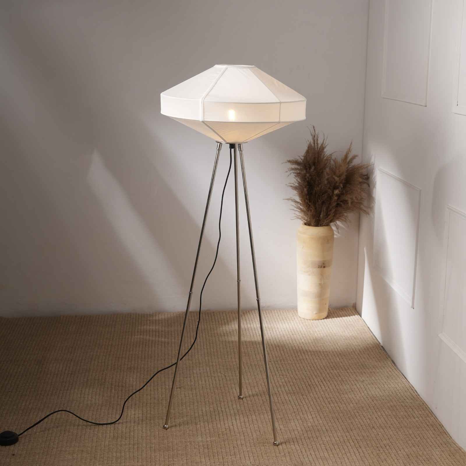 Space Rover Floor Lamp - Tripod Floor Light, Nickle Base and Elegant Fabric Shade Tripod Standing Lamp - FIG Living - Space Rover Floor Lamp - Tripod Floor Light, Nickle Base and Elegant Fabric Shade Tripod Standing Lamp Image